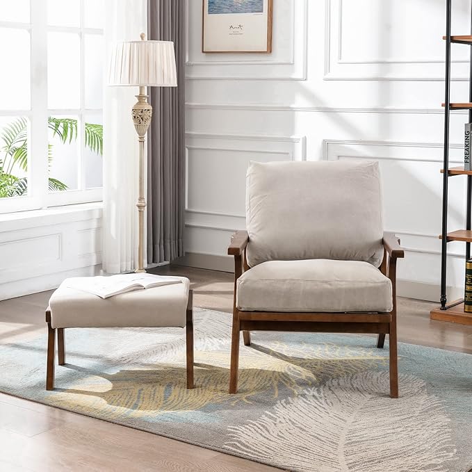 Wahson Mid Century Arm Chair and Ottoman Set, Upholstered Accent Armchair with Wood Frame and Canvas Cushions, Leisure Slipper Chair for Living Room/Bedroom, Beige-Ruum Studio Home