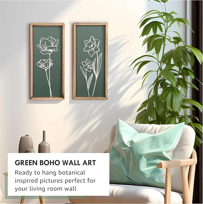 3D Floral Green Wall Art (Set of 2) Lightweight, Wooden Ready-to-Hang Boho Framed Wall Art for Bathroom, Bedroom, Living Room or Office – Premium Sage Green Farmhouse Decor – Gift-Boxed-Ruum Studio Home