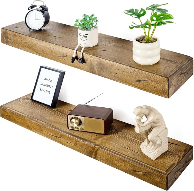 Floating Shelves 3 inch Thick for Wall Set of 2,Solid Pine Wood Wall Mount Shelf for Kitchen Living Room Bedroom Bathroom,8" D x 24" L x 3" H-Distressed Black Walnut-Ruum Studio Home