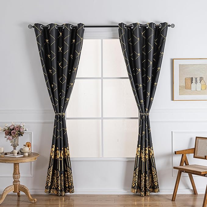 Grommets Blackout Long Window Curtains Black Gold-52W*108L 2PCS Drapes for Bedroom-Ruum Studio Home