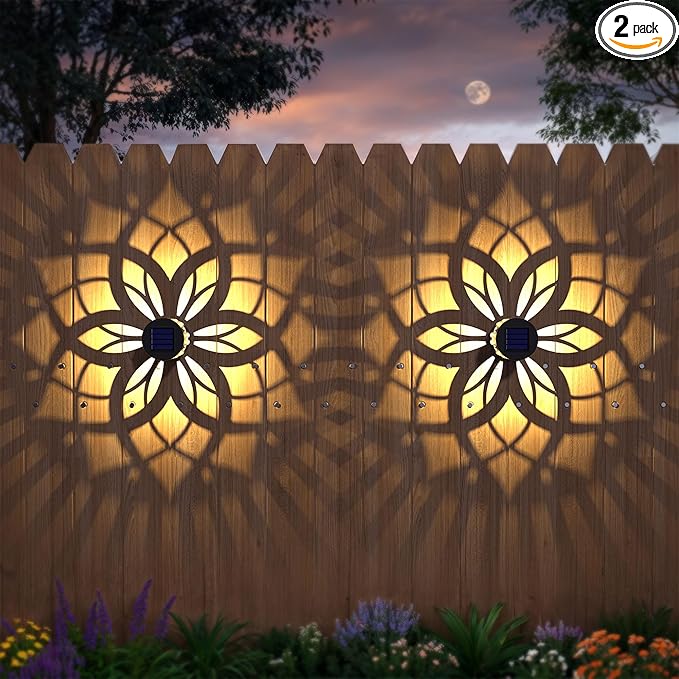 2 Pack Solar Fence Lights Metal Solar Powered Outdoor Wall Deck Step Lights Mandala Theme Waterproof Fence Light for Garden Post Patio Backyard Yard Decor, Gardening Gifts for Women Mom Grandma-Ruum Studio Home