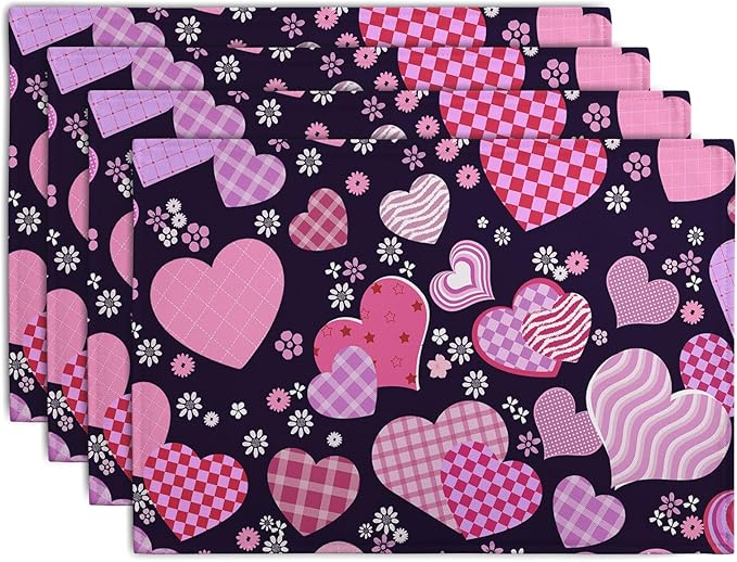 Pink Love Hearts Valentine's Day Placemats Set of 4 Seasonal Valentines Anniversary Wedding Linen Table Mats Pink Black Washable Place Mats for Party Kitchen Dining Outdoor Indoor Decor 12x18 Inch-Ruum Studio Home