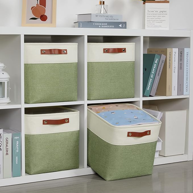 DULLEMELO Storage Basket, Linen Closet Organizers and Storage Baskets for Home Office, Suitable as Dog Toy Box, Baby Gift Basket, 4 Pieces 12x12 Decorative Cube Storage Bins(4 Pack - 12" White&Green)-Ruum Studio Home