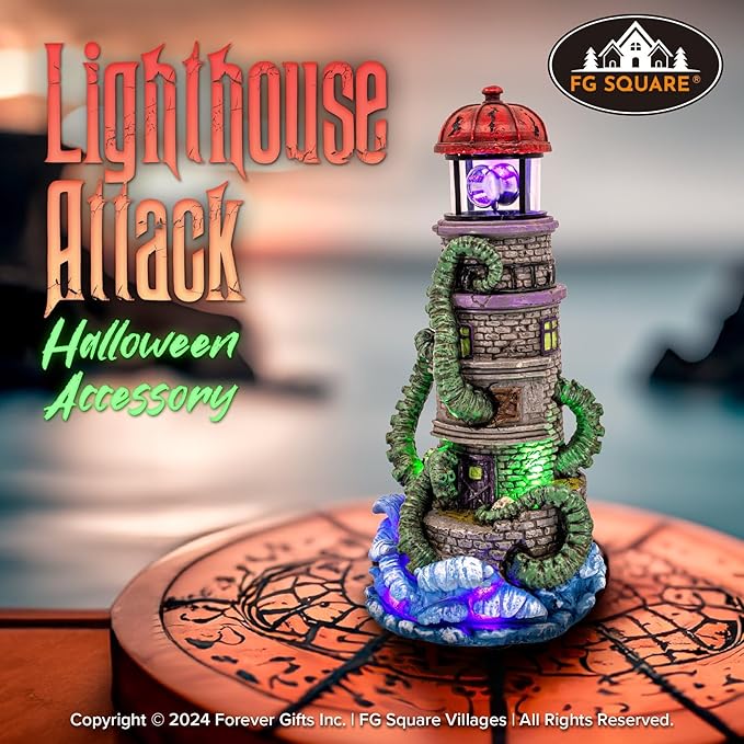 Lighthouse Attack Kraken Theme Spooky Halloween Village Multi-Color LED Lights, Animated Rotating Food Light and Music 6" x 5.5" x 12"-Ruum Studio Home