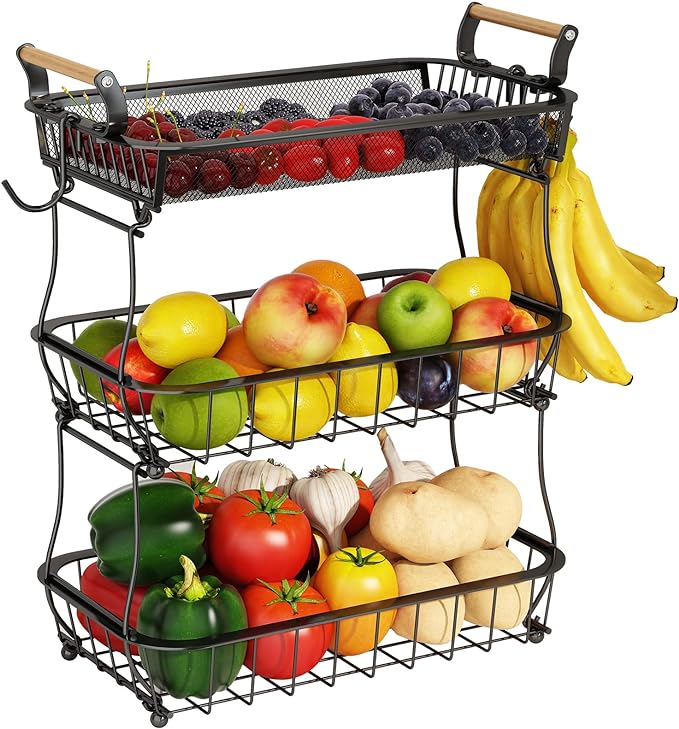 ANTOPY 3 Tier Fruit Basket with 2 Banana Hangers, Countertop Fruit Vegetable Basket Bowl for Kitchen Counter Metal Mesh Basket Fruits Stand Produce Holder Organizer for Onion Potato Bread Snack Veggie-Ruum Studio Home