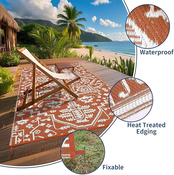 Outdoor Rug 9x12 Waterproof Reversible Plastic Straw Patio Rug, Stain-Resistant Vintage Medallion Carpet, Large Easy-Cleaning Indoor Outdoor RV Mat for Deck, Camping, Balcony, Terracotta Brick/White-Ruum Studio Home
