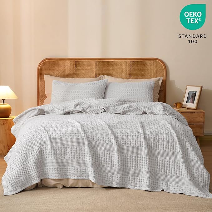 PHF 100% Cotton Waffle Weave Blanket Queen Size, Soft Lightweight Breathable Cozy Summer Blankets for Bed, Luxury Aesthetic Woven Bedding for Home Decor, 90"x90", Light Grey-Ruum Studio Home