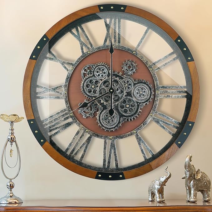 24 Inch Moving Gear Wall Clock, Oversized Wall Clocks, Clock Living Room Decor, Solid Wood Frame, Battery Operated, Large Wall Clock with Steampunk Industrial for Fireplace(Machilus)-Ruum Studio Home