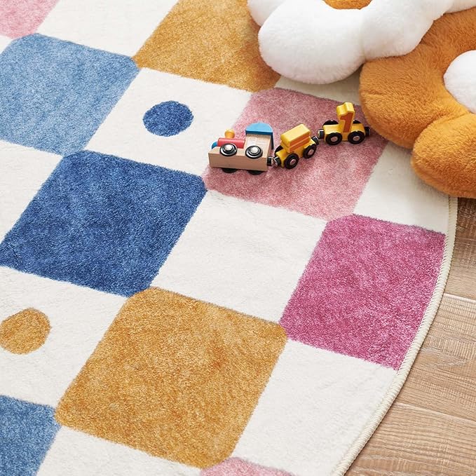 jinchan Round Rug 5ft Kids Washable Rug Indoor Floor Cover Non-Slip Soft Elementary School Classroom Modern Colorful Diamond Carpet for Nursery Daycare Bedroom Playroom Living Room Berries on Cream-Ruum Studio Home