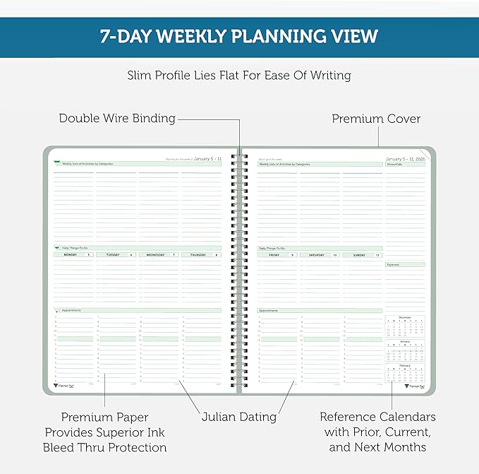 Planner Pad Spiral Bound January-December 2026/ Calender Year 8 1/2" x 11" Large 3-Tier Funnel Down 12 Month Organizer, Greenish Grey Cover/Soft Green Ink-Ruum Studio Home