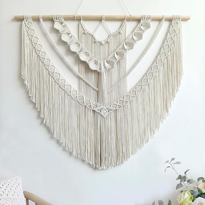 Achart Macrame Wall Hanging Large- Boho Wall Decor- large wall art- Wall Decor Living Room- Macrame Tapestry Boho Decor for Bedroom (Beige-Shells)-Ruum Studio Home