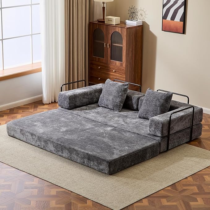 Convertible Sleeper Sofa Bed, Compression Folding Sofa with Pillow, No Assembly Required, Shape Frame, Floor Sofas Lounge Couch for Living Room, Bedroom, Small Spaces(Chenille, 77''W, Dark Grey)-Ruum Studio Home