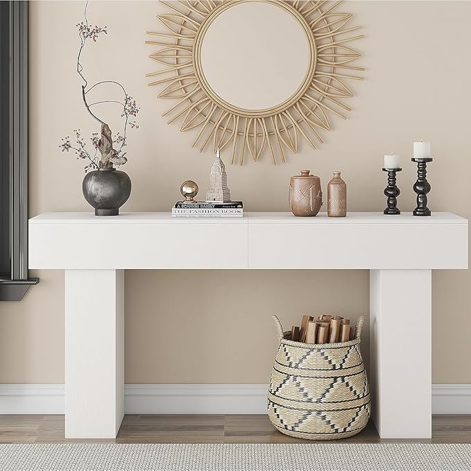 63 Inch Long Console Table for Entryway, Farmhouse Wood Rectangular Sofa Table Behind Couch Table, Narrow Entryway Table for Living Room, Entrance, Hallway, Foyer, Easy Assembly (Classic White)-Ruum Studio Home