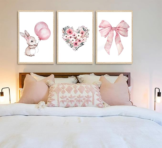 3Pcs Cute Bunny Canvas Wall Art Pink Bow Easter Poster Prints Love Wildflowers Picture Decoration for Nursery Girl Bedroom Children's Room Easter Gifts for Kids Unframed-Ruum Studio Home