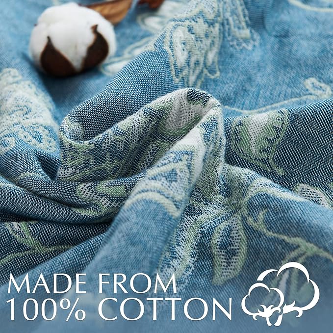 jinchan Boho 100% Cotton Muslin Queen Size 80x90 Inches Blanket Lightweight 4-Layer Quilted Soft Blue and White Floral Throw Blanket Green Accents Reversible Comfy Flower Rustic Summer Couch Bedroom-Ruum Studio Home