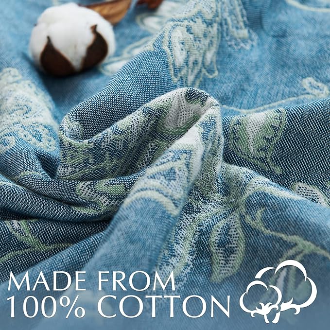 jinchan Boho 100% Cotton Muslin Twin Size 60x80 Inches Blanket Lightweight 4-Layer Quilted Soft Blue and White Floral Throw Blanket Green Accents Reversible Comfy Flower Summer Couch Bedroom Decor-Ruum Studio Home