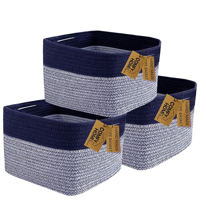 COMFY-HOMI 3PACK Rectangular Cotton Rope Basket With Handles for Shelves|Dog Toy|Baby Gift - Dark Blue (13.5" x 11" x 9.5")-Ruum Studio Home