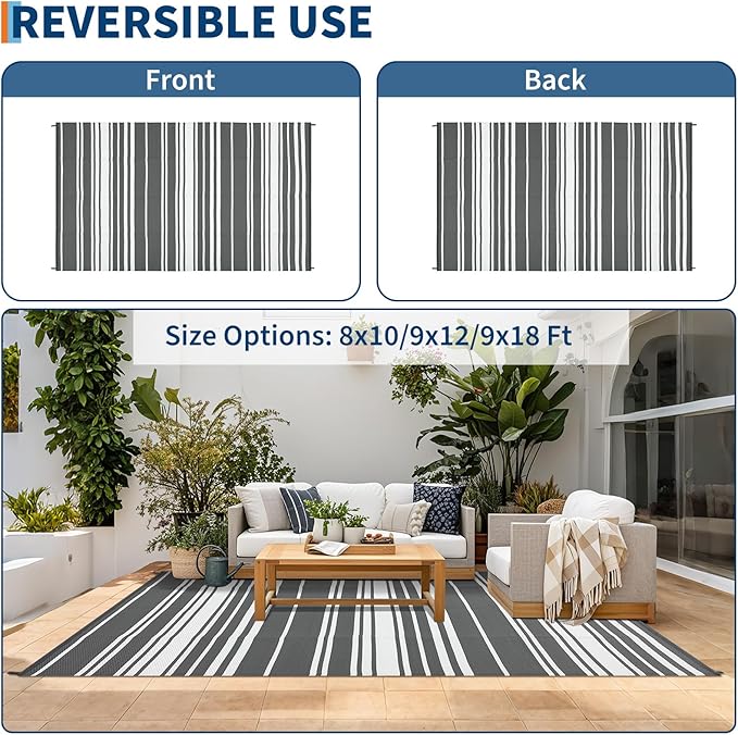 Outdoor Patio Rug 9x12 Stain-Resistant Reversible Camping Mat, Modern Striped Outdoor Plastic Straw Rug, Waterproof Outside Carpet, Easy to Clean for RV, Porch, Deck, Balcony, Grey-Ruum Studio Home