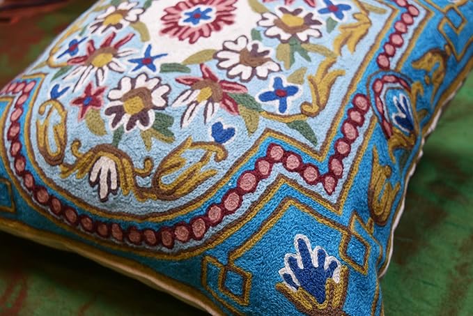 Turquoise Floral Pillow Cover Traditional Blue Flower Pillowcase Traditional Outdoor Cushion Suzani Flower Throw Florals Chair Farmhouse Hand Embroidered Cushions Wool 18x18 Inch-Ruum Studio Home
