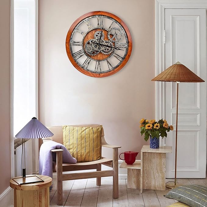 The B-Style Large Wall Clock 24 inch Moving Gear Wall Clock Oversized Vintage Farmhouse Wall Clocks for Living Room Decor Rustic Industrial Wood Clock (Brown and Bronze)-Ruum Studio Home