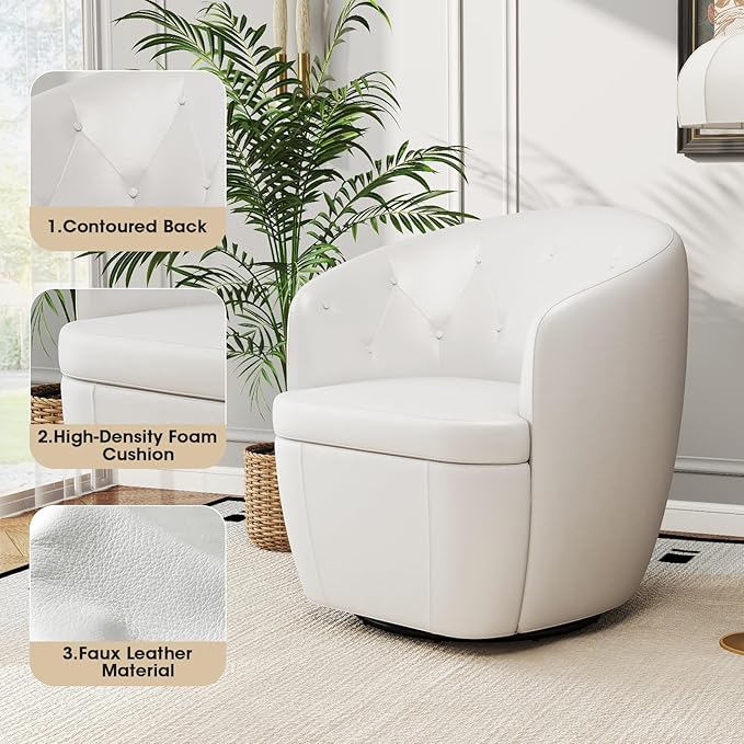 360° Swivel Leather Accent Chair, Modern Barrel Club Chair with Leather Upholstery and Sturdy Base, Comfortable Armchair for Living Room, Bedroom, Reading Nook, White-Ruum Studio Home