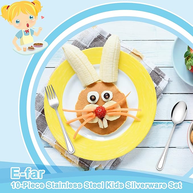 E-far 10-Piece Toddler Utensils, Kid Stainless Steel Silverware Set, Children Safe Forks and Spoons Set for Self Feeding, Healthy & Non-Toxic, Mirror Polished & Easy to Clean-Ruum Studio Home