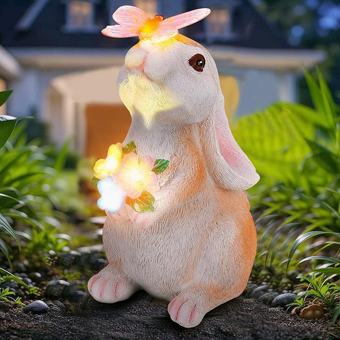 Vermeyen Solar Garden Statues Outdoor Decor-Yard Decorations for Patio,Balcony,Backyard,Lawn Ornaments-Easter Bunny Figurines with LED Light-Unique Birthday Gardening Gifts for Women,Mom,Grandma-Ruum Studio Home