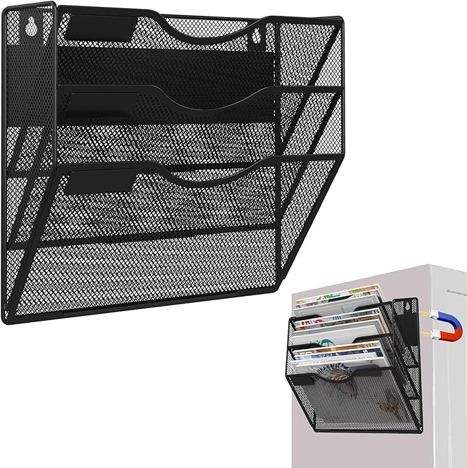 3-Tier Magnetic File Holder, No Drilling Installation File Cabinet Organizer, Black Magnetic File Organizer, Magazine Rack, Magnetic Paper Holder for Refrigerator, File Cabinets, Whiteboard-Ruum Studio Home