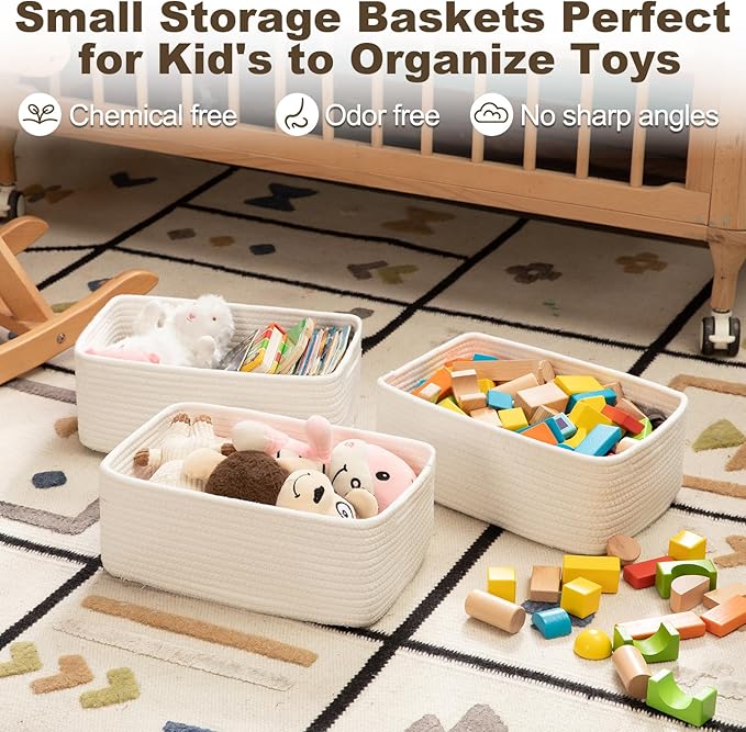 3 Pack Small Storage Baskets for Organizing, Cute Woven Decorative Gift Baskets for Shelves, Mini Closet Organizer Bins with Handles-13''Lx8.66''Wx5.11''H-White-Ruum Studio Home
