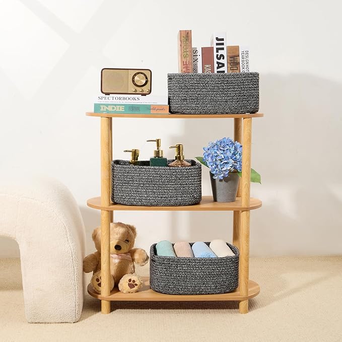 Small Storage Baskets for Organizing | Closet Organizer Bins | Shelf Toy Basket | Woven Rope Baskets | Cube Decorative Box | Shallow Basket | 13x8.5x5.1” | 3 Packs Dark Gray-Ruum Studio Home
