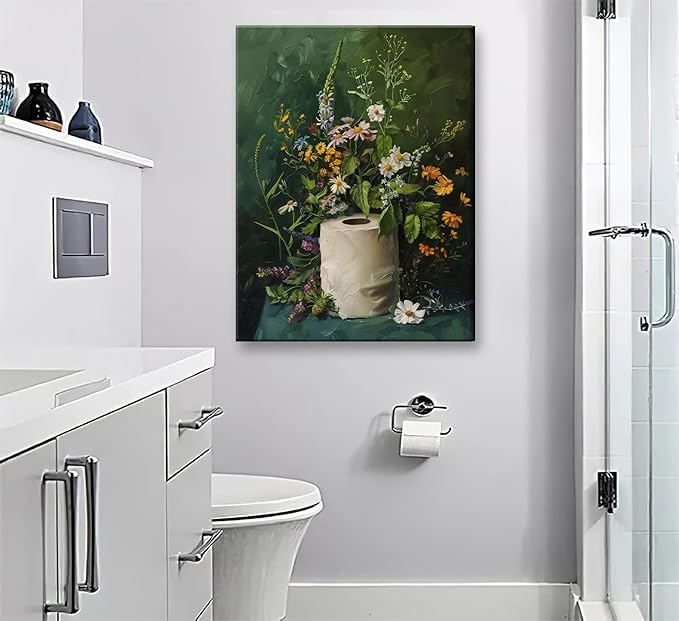 3Pcs Framed Vintage Dark Green Bathroom Wall Art Shower Toilet Paper Roll Floral Poster Print Modern Farmhouse plants Painting Picture Wall Decor For Bathroom Living Room Decoration-Ruum Studio Home