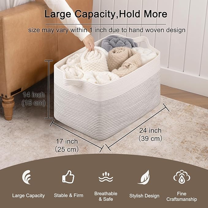 OIAHOMY 95L Blanket Basket, 24”x17”x14”, Large Woven Baskets for Storage, Nursery Cotton Rope Basket with Handle, Living Room, Nursery, Bedroom,Toy Baskets Organizer Bins, Black and White-Ruum Studio Home