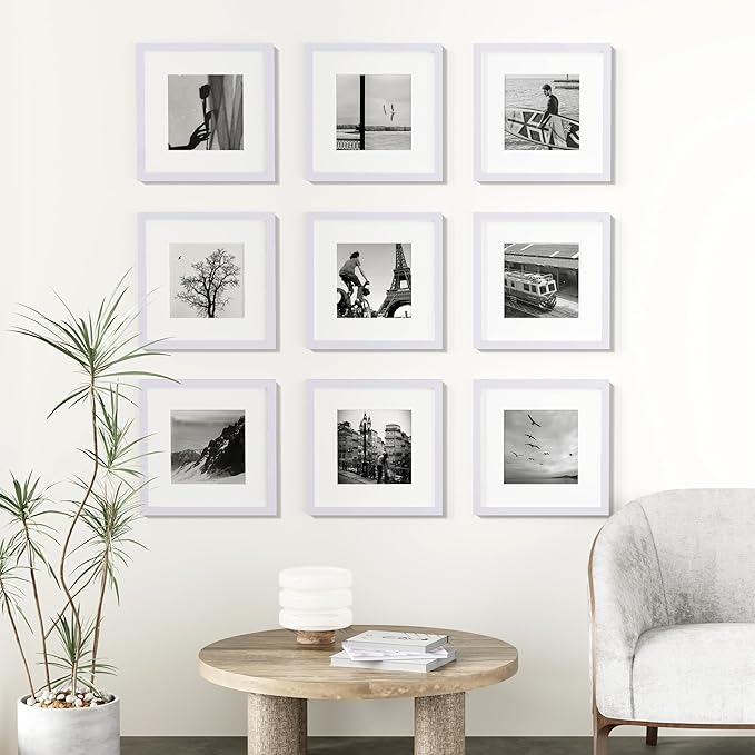 Vittanly 12x12 Picture Frames Set of 9, Shatter Resistant Plexiglass, Display 8x8 Pictures with Mat or 12x12 without Mat, Photo Frames for Wall Mount, Engineered Wood, White-Ruum Studio Home