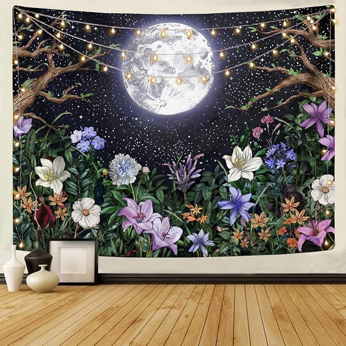 Neasow Aesthetic Moon Garden Tapestry Wall Hanging, Night Landscape with Colorful Plants Floral Tapestries for Bedroom Home Decor Multi Color 50×60 inch (130cm×150cm)-Ruum Studio Home