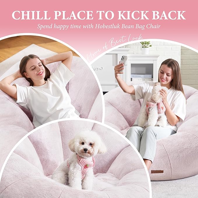 Hobestluk Bean Bag Chairs Large Bean Bag Couch for Adults Stuffed Sofa Chair Comfy Giant Bean Bag Chair with Spacious Design for Reading, Playing or Relaxing (Pink)-Ruum Studio Home