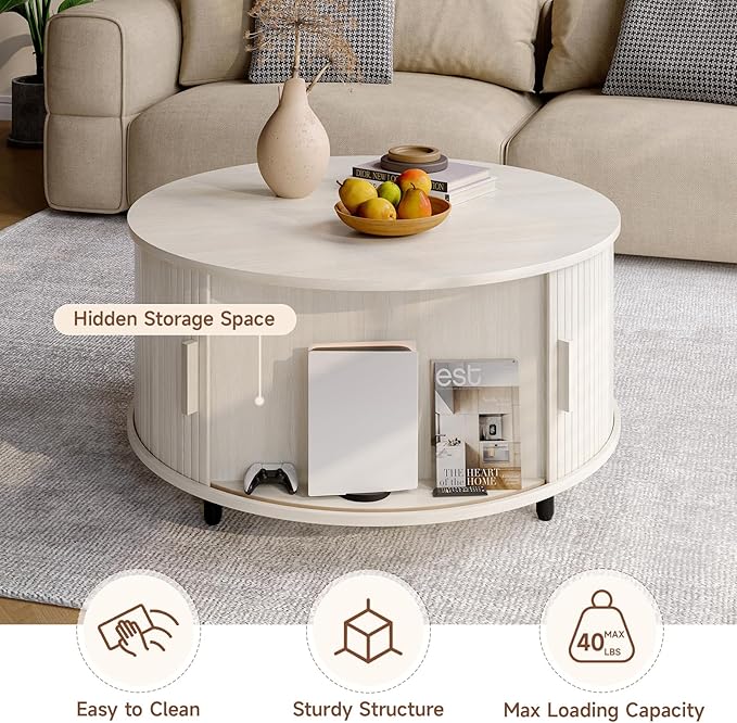 Round Coffee Table with Storage, 31.5" Modern Coffee Table with 360° Curved Sliding Door, Fluted Wood Coffee Table with Adjustable Footpads, Round Center Table for Living Room, Natural White-Ruum Studio Home