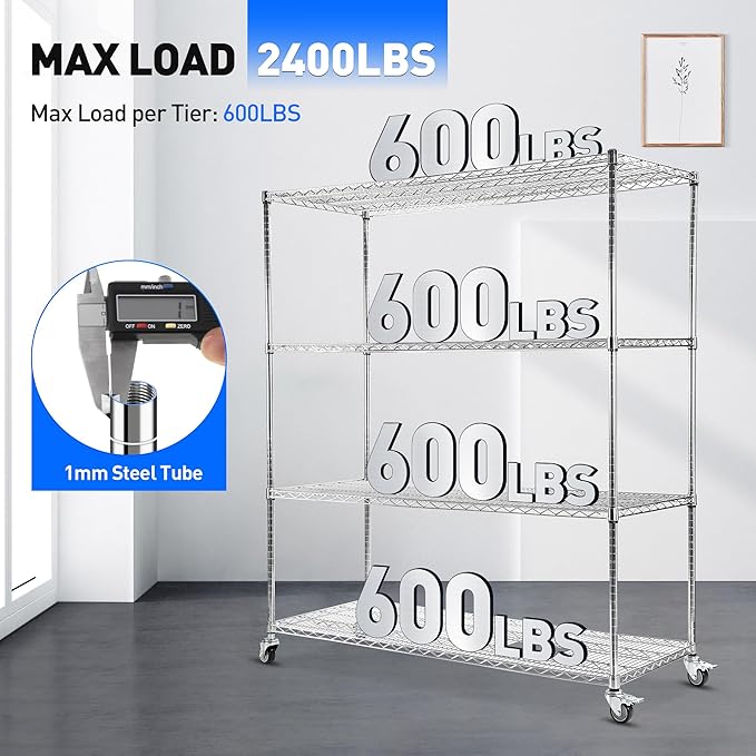 Rengue Wire Shelving with Wheels, 60"x 24"x72" Metal Storage Shelves, 4-Tier Heavy Duty Garage Storage Shelves, Chrome 2400LBS Capacity Wire Shelf Rack for Restaurant, Garage, Pantry, Kitchen-Ruum Studio Home