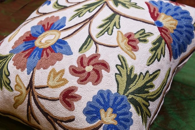 Dahlia Floral Pillow Cover - Cream Flower Pillowcase - Outdoor Cushion - Suzani Farmhouse Chair Throw - Traditional Chair Cushions - Hand Embroidered Wool Size - 18x18-Ruum Studio Home