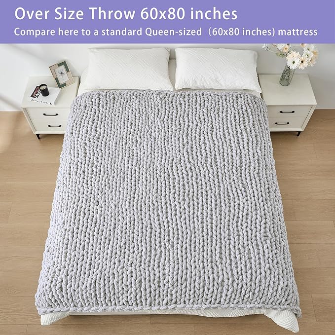 Bigacogo Chunky Knit Throw Blanket for Couch, 60x80 inches, 100% Hand Knitted with Thick Jumbo Chenille Yarn, Cozy Soft Large Rope Knot Cable Crochet Blankets for Sofa Bed Living Room, Light Grey-Ruum Studio Home