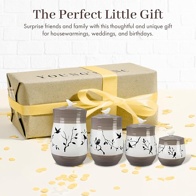 Young's Inc. 4 Pcs Set Casual Provincial Ceramic Canisters- Storage Container for Kitchen and Bathroom - Beautiful Home Decor Accent to Store Food, Coffee, Tea, and More - Green, White-Ruum Studio Home