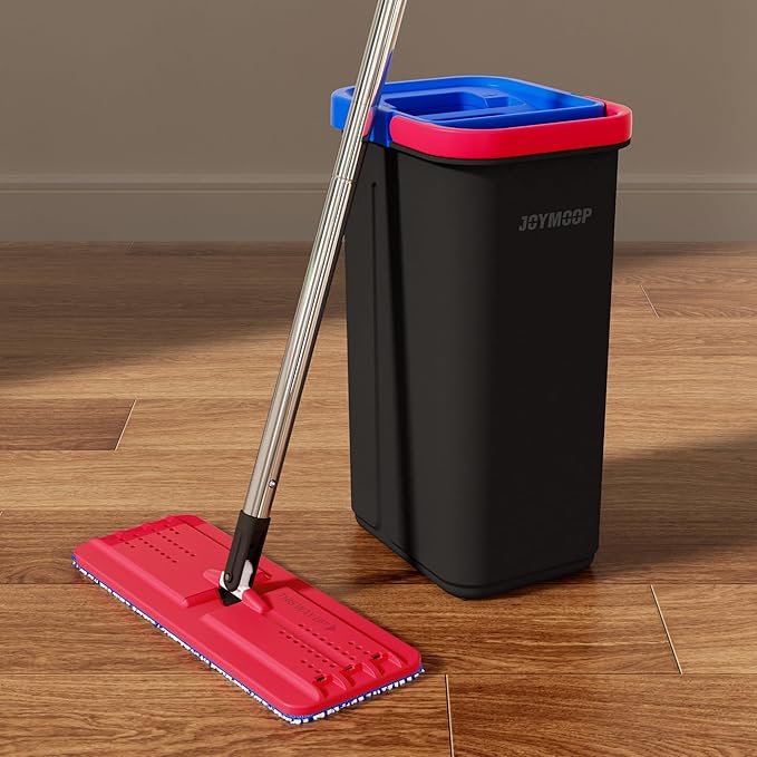 JOYMOOP Mop and Bucket Set for Home, Hands-Free Self-Cleaning System, with 5 Reusable Microfiber Mop Pads, Suitable for Floor Cleaning and Wall Cleaner - Black+Red+Slate Blue-Ruum Studio Home