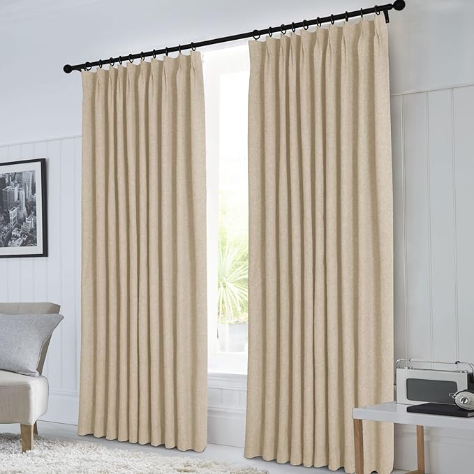 Macochico 100% Blackout Sand Beige Linen Curtains 84 Inches Long Pinch Pleated Burlap Curtains for Bedroom Living Room Farmhouse Nursery Thermal Window Panels with Tieback 72”Wx84”L 1 Panel-Ruum Studio Home