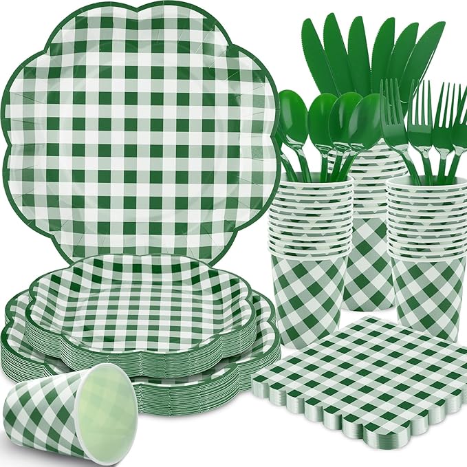 175 Pcs Green Gingham Plates and Napkins Party Supplies - Green and White Checkered Plates Sets Serve 25 Guests - Scalloped Gingham Paper Plate for Birthday Picnic BBQ Golf Party Decorations-Ruum Studio Home