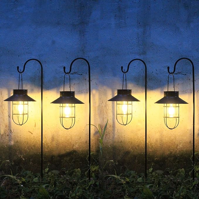 4 Pack Hanging Solar Lantern Lights with Shepherd Hook, Metal Waterproof Warm White Edison Bulb Lights for Garden Outdoor Pathway-Ruum Studio Home