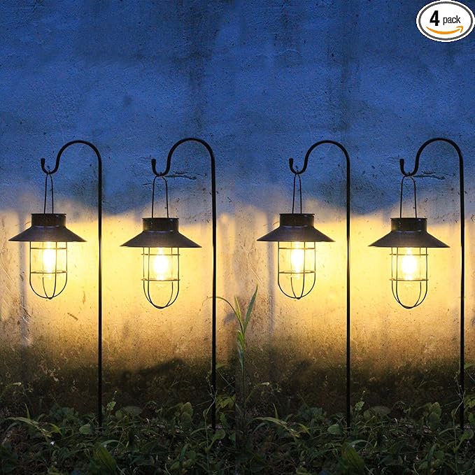 4 Pack Hanging Solar Lantern Lights with Shepherd Hook, Metal Waterproof Warm White Edison Bulb Lights for Garden Outdoor Pathway-Ruum Studio Home