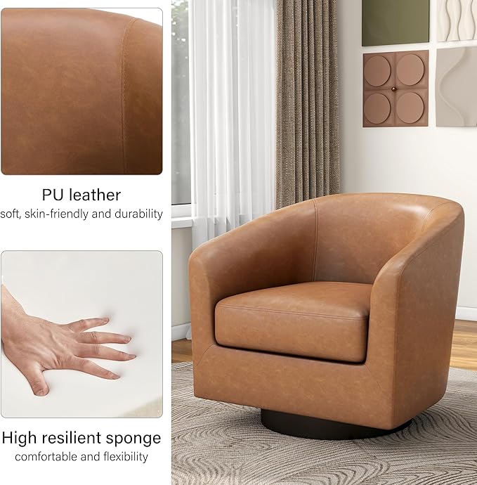 Swivel Barrel Accent Chair, Modern Round Faux Leather Arm Chair for Living Room, Bedroom, Comfy Club Reading Chairs for Adults-Faux Leather, Brown, Set of 1-Ruum Studio Home