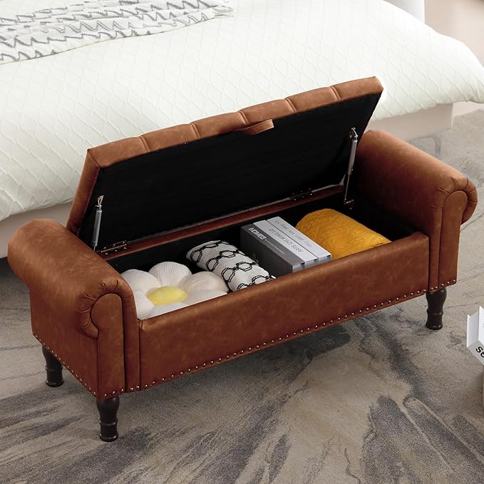 51" Storage Ottoman Bench for Bedroom, Full Queen Storage Bench with Button, Upholstered Bedroom Bench with Rolled Arms for Living Room, Storage Room, Entryway, Brown-Ruum Studio Home
