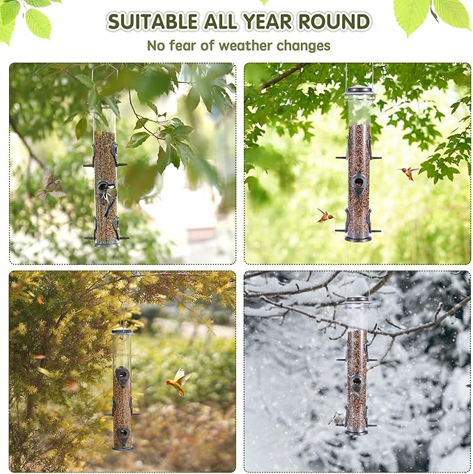 MIXXIDEA 2PK Metal Wild Bird Feeder Squirrel Proof Bird Feeders for Outside Hanging 6 Port Tube Bird Feeder Transparent Finch Feeder with Steel Hanger (Grey)-Ruum Studio Home