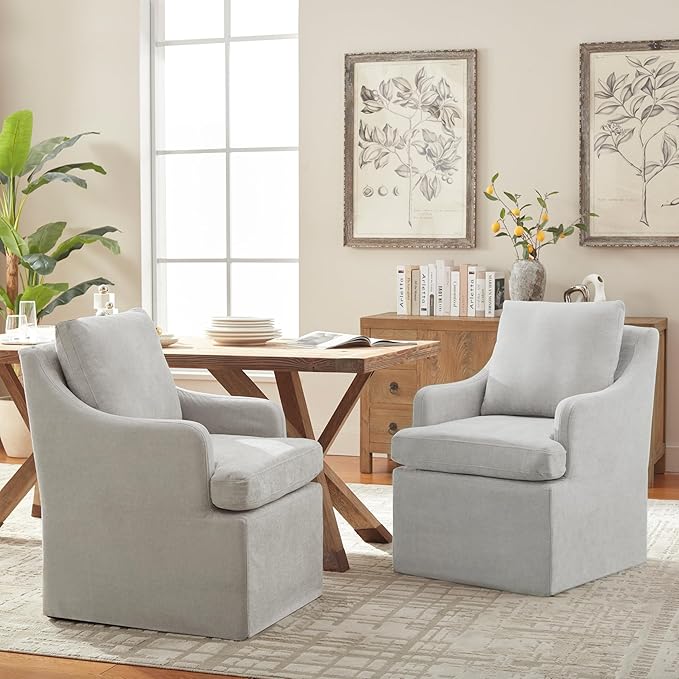 VKNOW Upholstered Dining Chairs Set of 2, Modern Kitchen Chairs Dinner Chairs with 4 Casters, Linen Armchair for Bedroom Reading Room Living Room, Light Grey-Ruum Studio Home