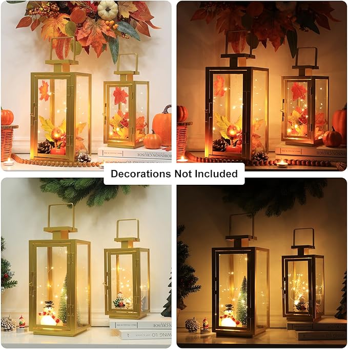 DECORKEY Fall Christmas Golden Decorations for Home, 17''&13'' Metal Candle Lanterns Decorative Outdoor&Indoor, Modern Hanging/Tabletop Candle Holders for Porch Patio Wedding Decor-Ruum Studio Home